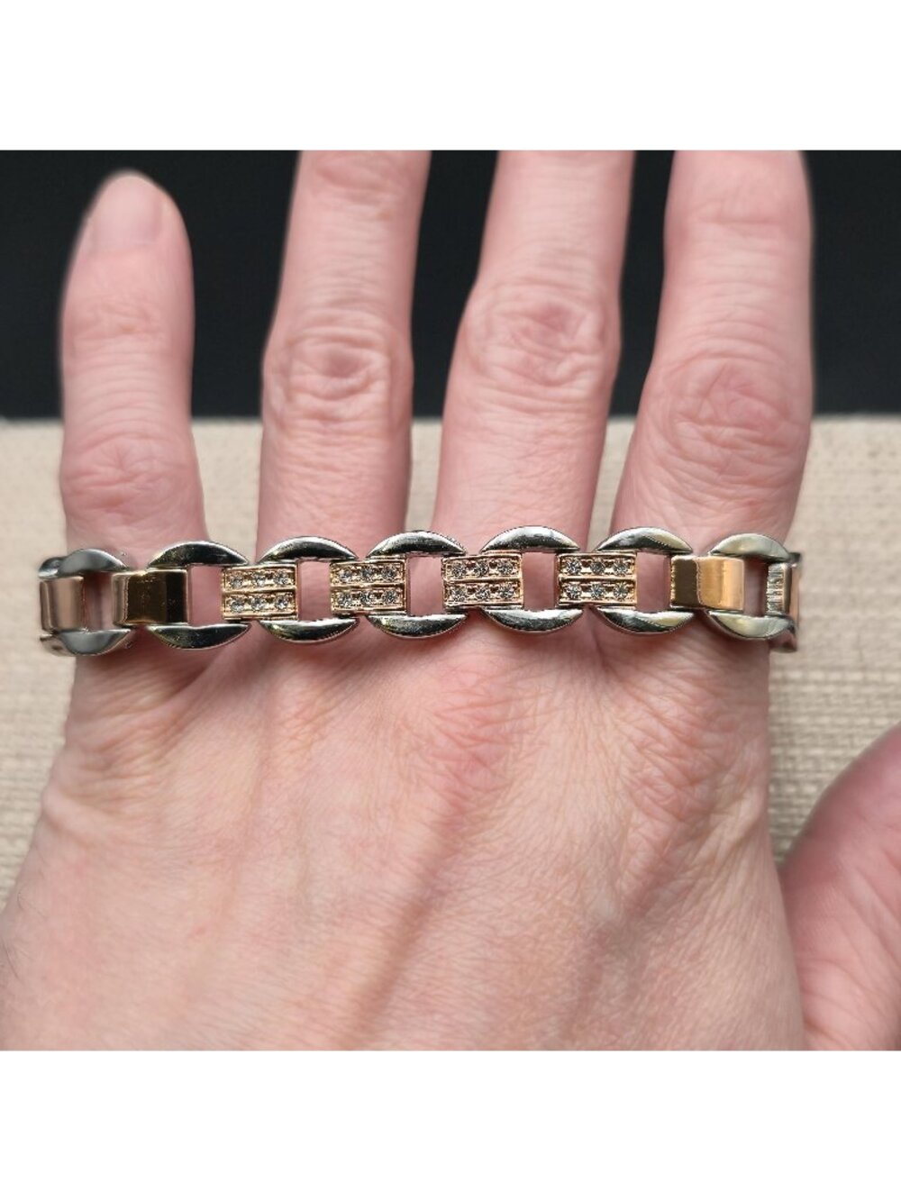 7.5 Inch Two-Tone Rose Gold Crystal Pavé Mariner Link Bracelet A8652